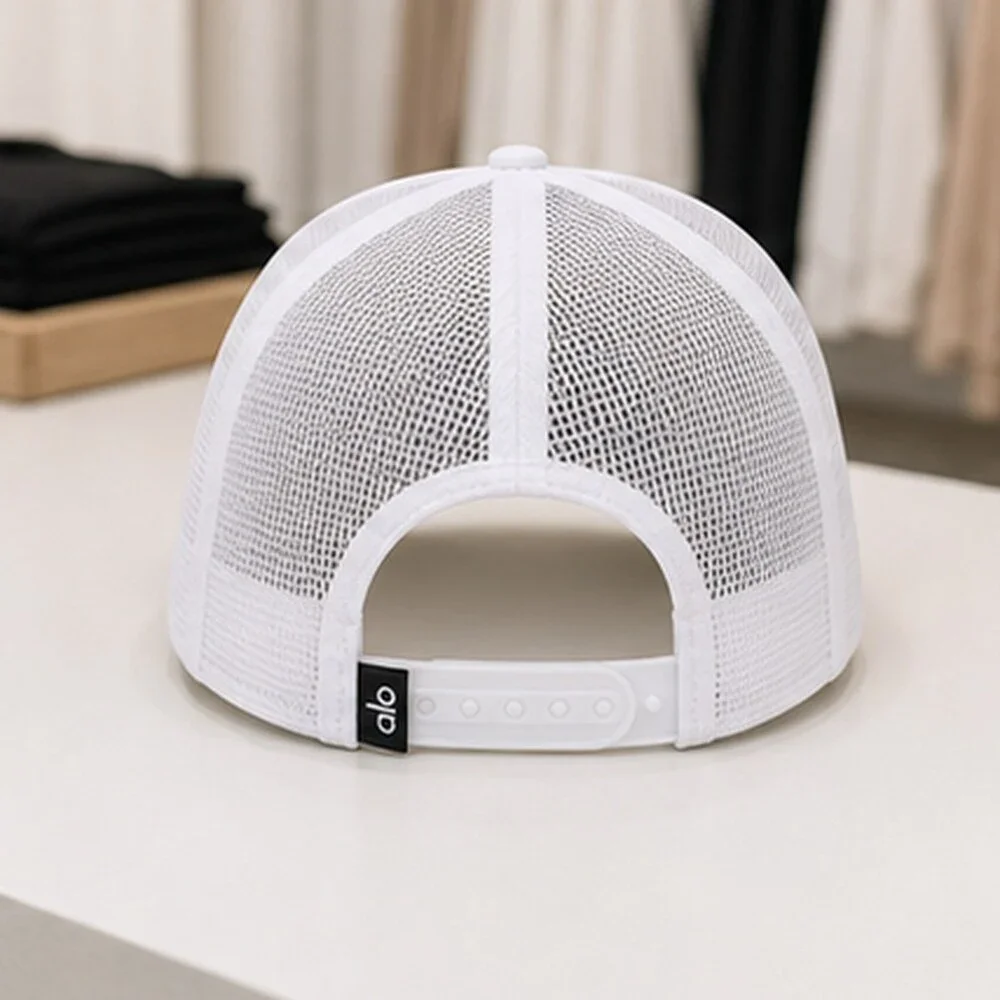 ALO Yoga White Black Studio Mesh Trucker Cap Hat Sporty